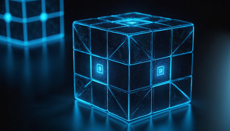 3d rendering of cube with glowing blue light inside on black backgroundの素材