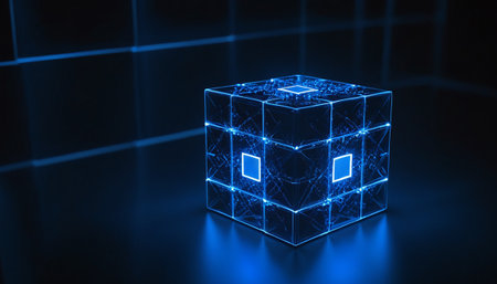 Abstract 3d rendering of cube with blue neon lights on dark backgroundの素材