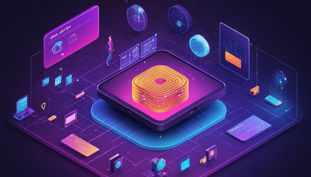 Cryptocurrency mining isometric background. Cryptocurrency mining concept. Vector illustrationの素材