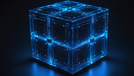 3d illustration of a cube with a luminous blue background.の素材