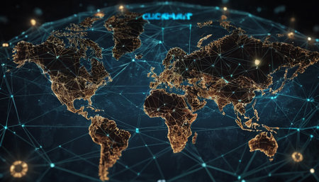 Global network connection over world map 3D rendering on dark blue backgroundの素材