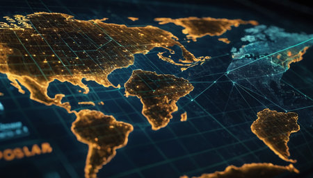 World map with glowing lines and dots. Global business concept. 3D Renderingの素材