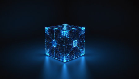 3d rendering of a cube with a luminous wireframe on a dark backgroundの素材