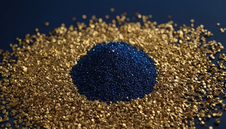 Pile of golden and blue sequins on a dark blue backgroundの素材