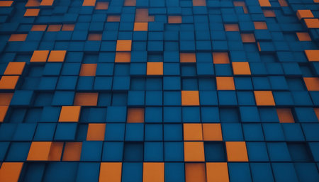 Abstract 3d rendering of chaotic geometric shapes. Reflective surface of glowing cubes. Reflective surface of glowing particles.の素材