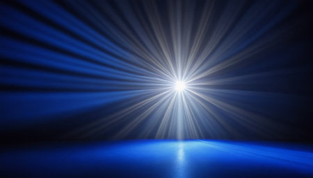 Blue stage background with rays of light. Abstract blue stage background with spotlightsの素材
