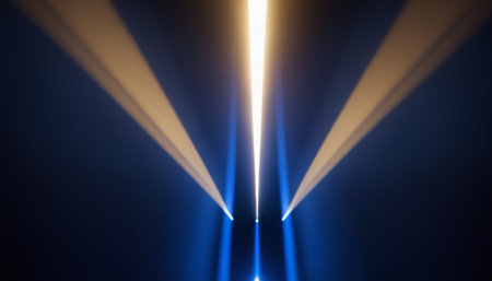 Bright rays of light on a dark blue background. The rays of light from the stage.の素材