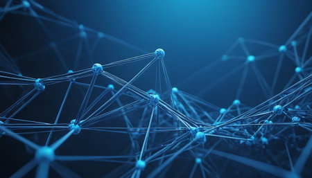 3D rendering of abstract technology concept with connection lines and dots on dark blue backgroundの素材