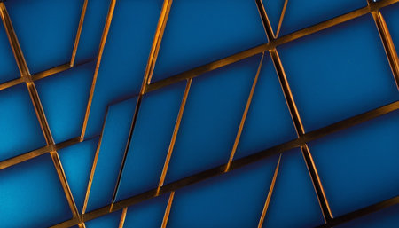 Blue background with golden lines and metal frame. 3d render illustrationの素材