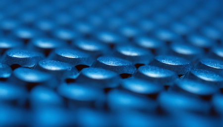 abstract blue background with rows of hexagon holes. macro shotの素材