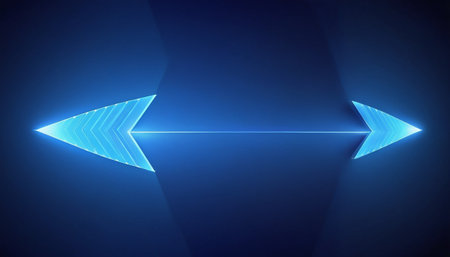 Neon blue arrows on dark background. Vector illustration for your designの素材
