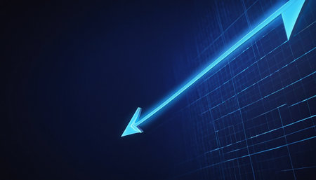 Blue arrow on a dark blue background, 3d rendering. Computer digital drawing.の素材