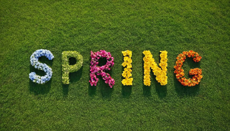 Spring word made of flowers on green grass. 3D rendering.の素材