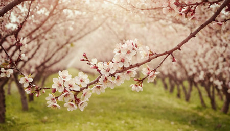 Blossoming branch of cherry on a background of green grass.の素材