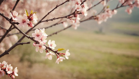 Beautiful blooming apricot tree branch with pink flowers in springの素材