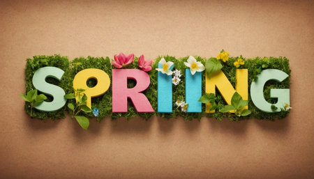 Spring word made of moss with flowers and grass on brown paper backgroundの素材