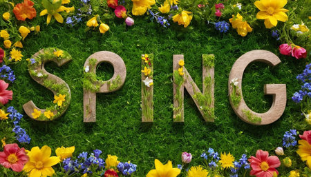 Spring background with grass, flowers and wooden lettering - spring conceptの素材