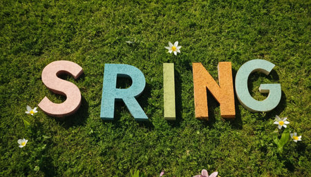 Wooden letters spelling the word spring on green grass with flowers.の素材