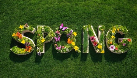 Spring word made of flowers on green grass. 3d rendering.の素材