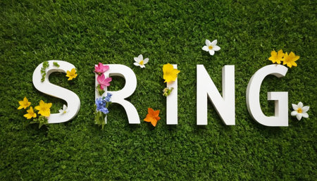 Spring word made of white letters and flowers on green grass background.の素材