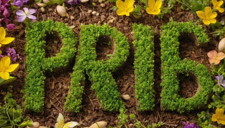 Garden word made from green moss and flowers. Nature concept.の素材