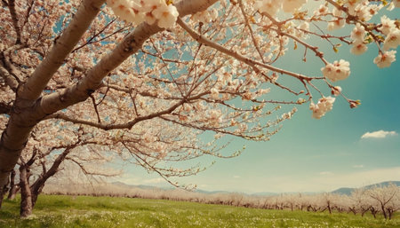 spring landscape with blooming tree and blue sky, retro tonedの素材