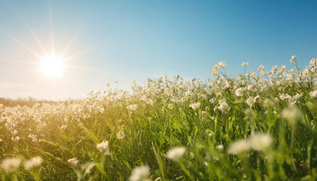 Spring meadow with white flowers and blue sky with sun in backgroundの素材