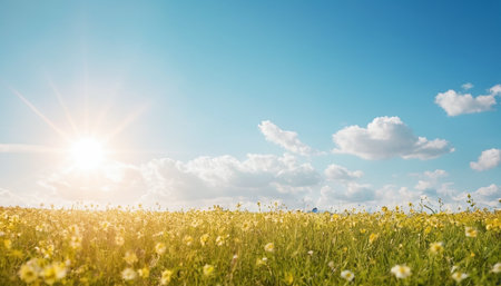Green field with yellow flowers and blue sky with white clouds and sunの素材