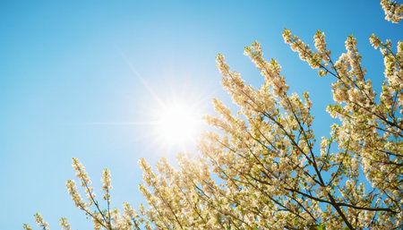 Blossoming tree against the blue sky with sun rays. Spring backgroundの素材