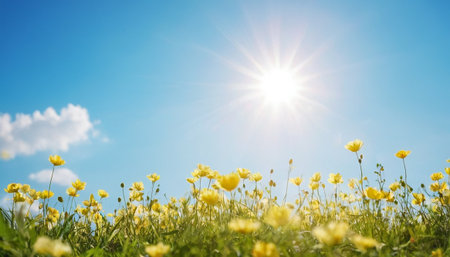 Spring meadow with yellow flowers and blue sky with sun. Nature backgroundの素材