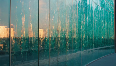 Reflection of modern building in glass wall. Abstract urban background.の素材