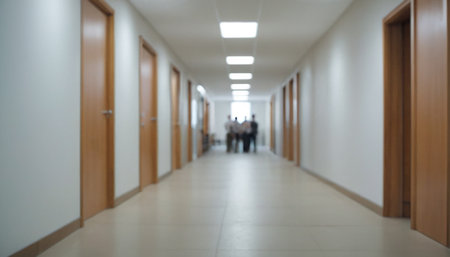 Blurred image of hospital corridor with people walking in the corridor.の素材
