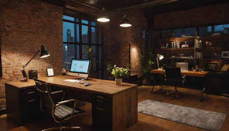 Interior of a loft office with brick wall, wooden desk and computer.の素材