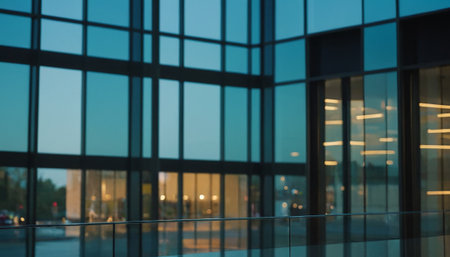 Modern office building with glass windows and street lights. Blurred background.の素材