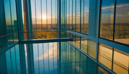 View from the window of a modern office building with glass walls.の素材