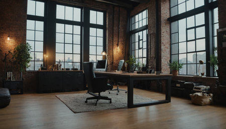 Interior of loft office with wooden walls, concrete floor and big windows with city view. Nobody insideの素材