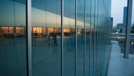 Reflection in the glass of a modern office building. Blurred backgroundの素材