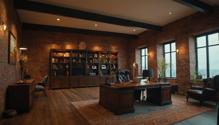 Luxury living room interior design in loft style. Living room with brick wall and wooden floor.の素材