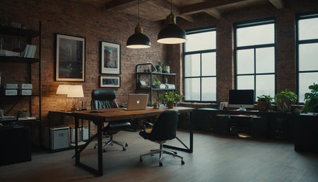 Modern loft office interior with brick walls and wooden floor. Workplace with computer, laptop and coffee table. 3d renderingの素材