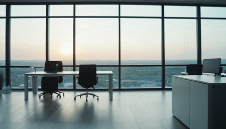 Luxury office interior with panoramic window and city viewの素材