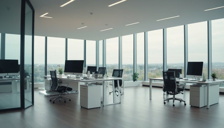 Modern office interior with panoramic window and city view. 3D Renderingの素材