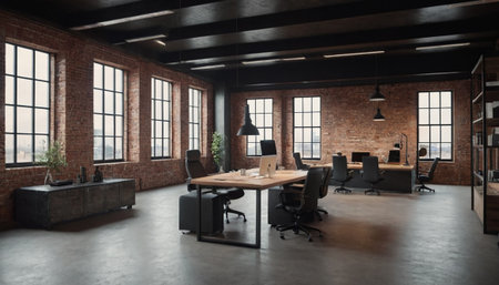 Modern loft office interior with brick walls, concrete floor and rows of computer tables. 3d Renderingの素材