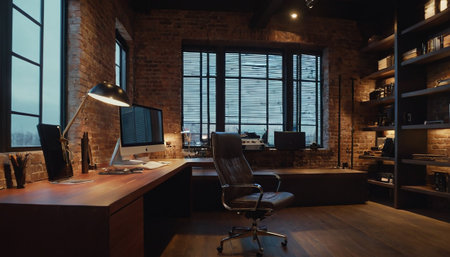 Modern office interior. Workplace in loft style with brick walls and wooden floor.の素材