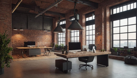 Modern loft office with brick walls, concrete floor and computer tables. 3d renderingの素材
