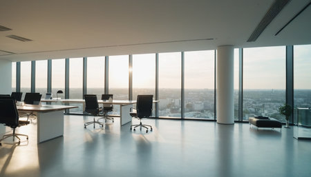 Modern office interior with panoramic city view, nobody in the roomの素材
