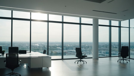 Interior of modern office with panoramic window and city viewの素材
