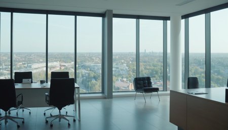 Modern office interior with panoramic window and city view. Nobody insideの素材