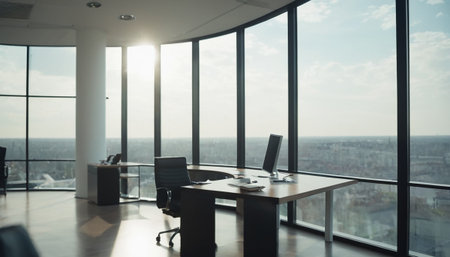Modern office interior with panoramic window and city view. 3D Renderingの素材
