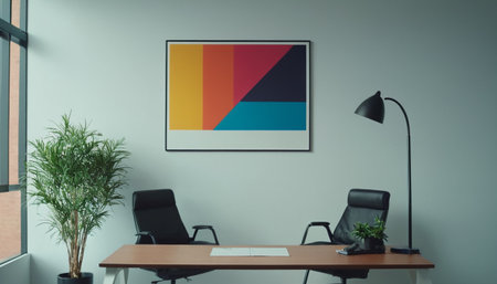 Interior of modern office with blank poster on wall. Mock upの素材