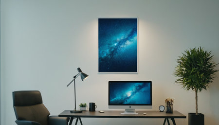 Designer workspace with computer on table, lamp and other items. Modern interior design. 3d renderingの素材